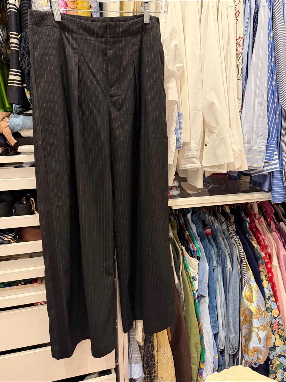 Anthropologie Women's Black Pinstripe Wide-Leg Dress Pants